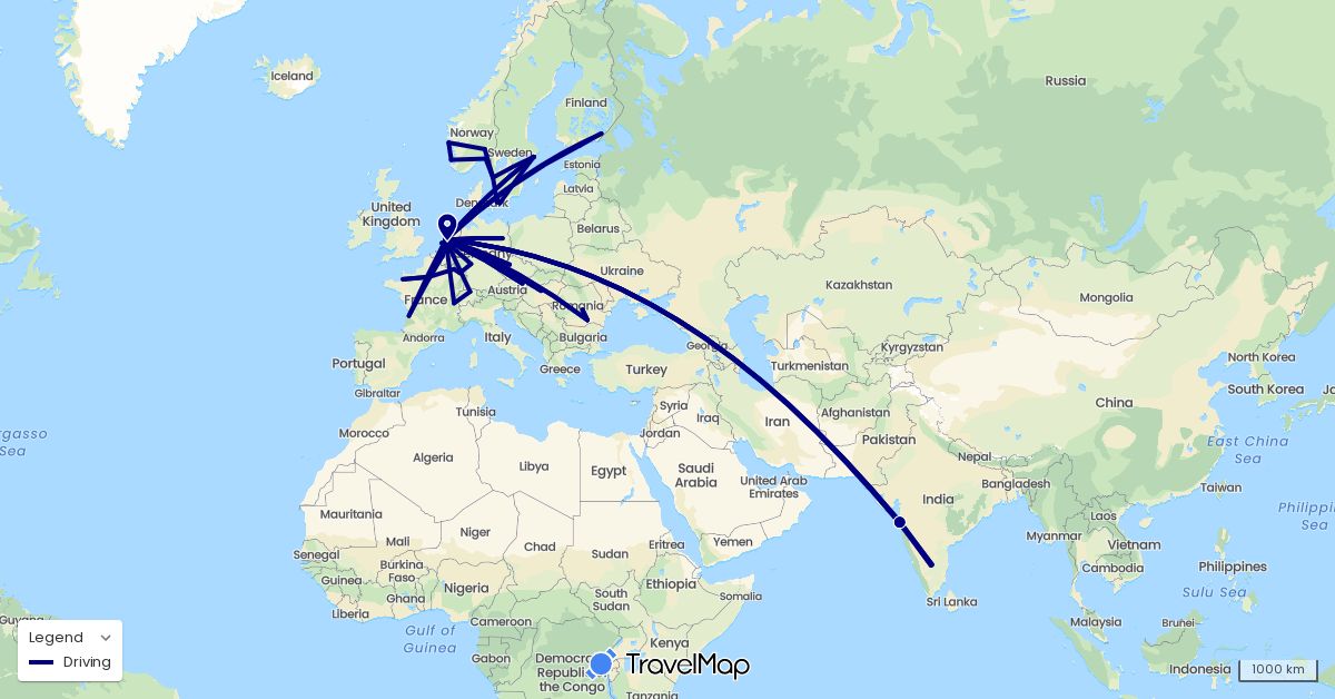 TravelMap itinerary: driving in Austria, Belgium, Switzerland, Czech Republic, Germany, Denmark, Finland, France, Hungary, India, Luxembourg, Netherlands, Norway, Romania, Sweden (Asia, Europe)